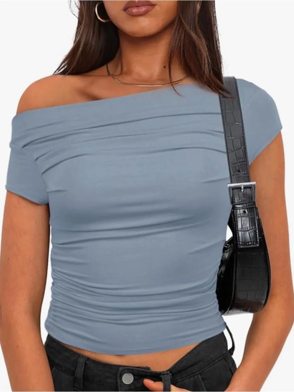 Off-Shoulder 🩵 Light Blue Women's Ruched Top - Picture 3 of 10